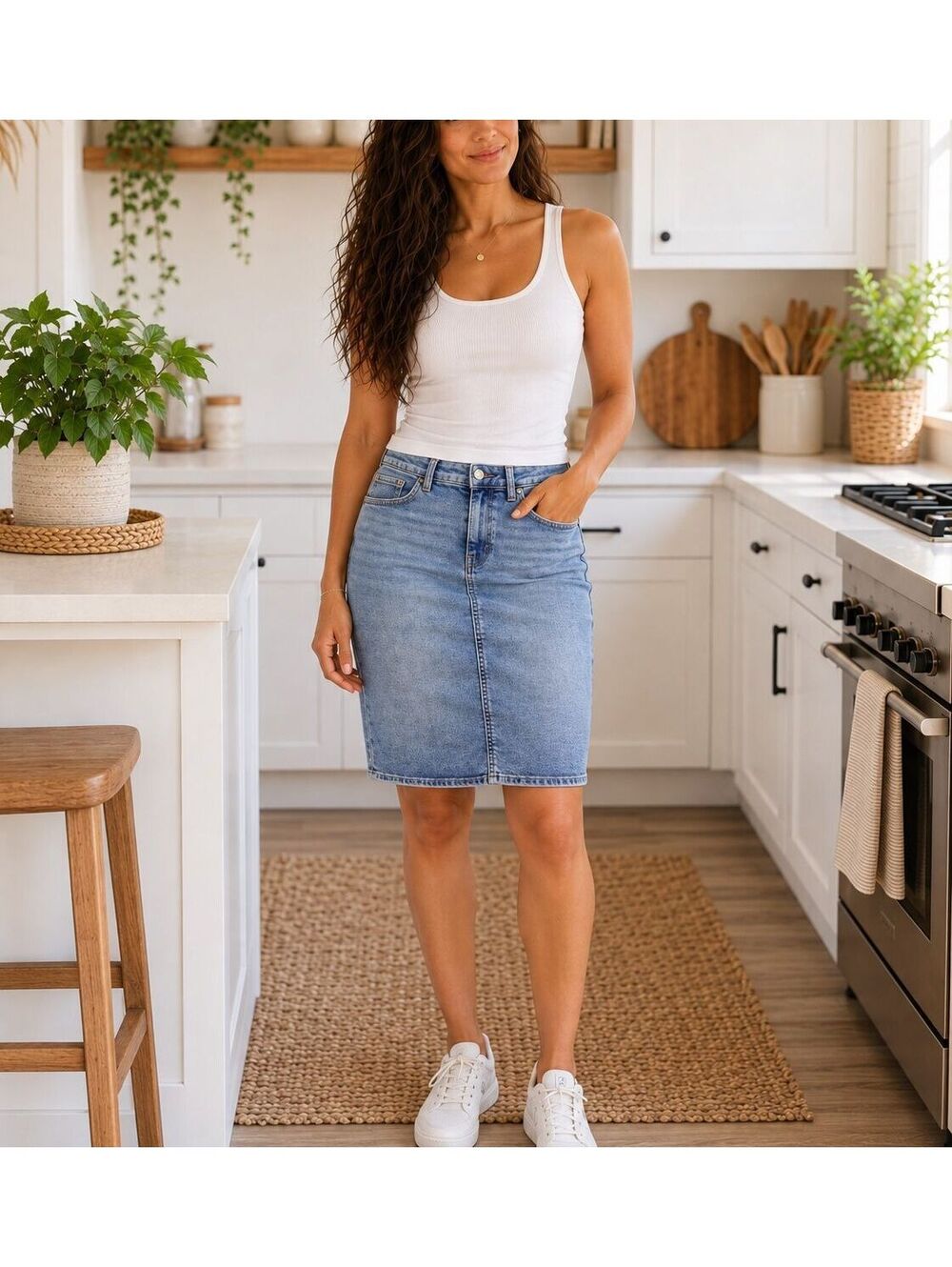 Lauren Ralph Lauren Denim Skirt Womens 10P Blue Stretch Pencil Knee Length